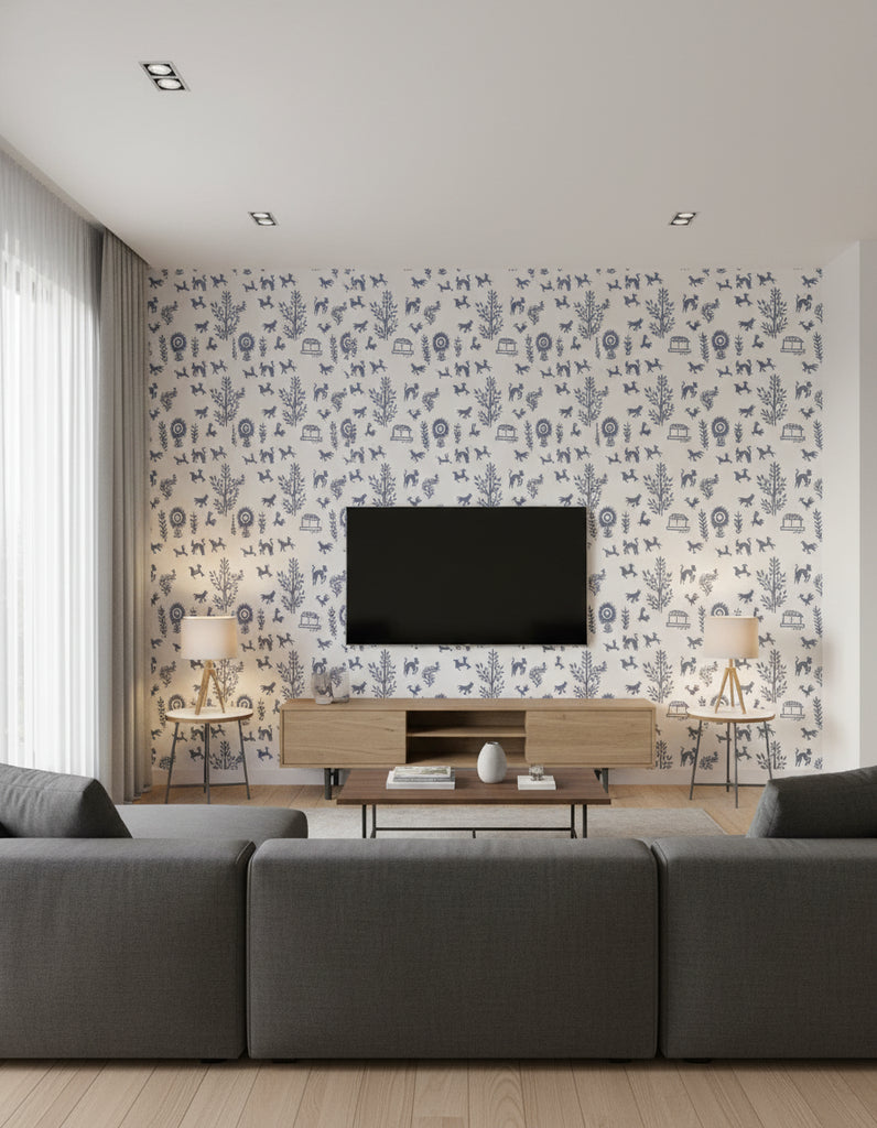 Rob's Folk Art Animals - Living Room Visualization (AI-generated, may not be to scale. Verify pattern scale with product specifications.)