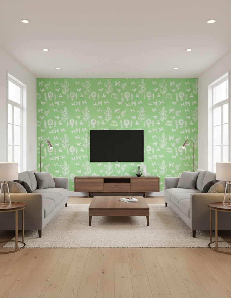 Rob's Folk Art Animals - Living Room Visualization (AI-generated, may not be to scale. Verify pattern scale with product specifications.)