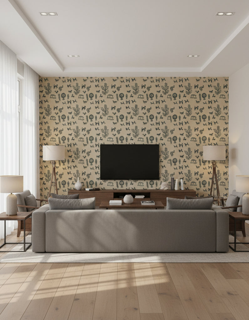 Rob's Folk Art Animals - Living Room Visualization (AI-generated, may not be to scale. Verify pattern scale with product specifications.)