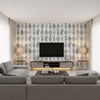 Robots Blue - Living Room Visualization (AI-generated, may not be to scale. Verify pattern scale with product specifications.)
