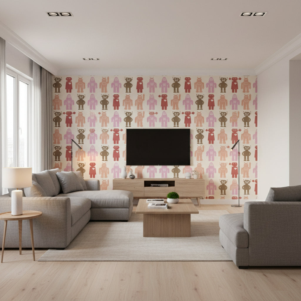 Robots Red - Living Room Visualization (AI-generated, may not be to scale. Verify pattern scale with product specifications.)