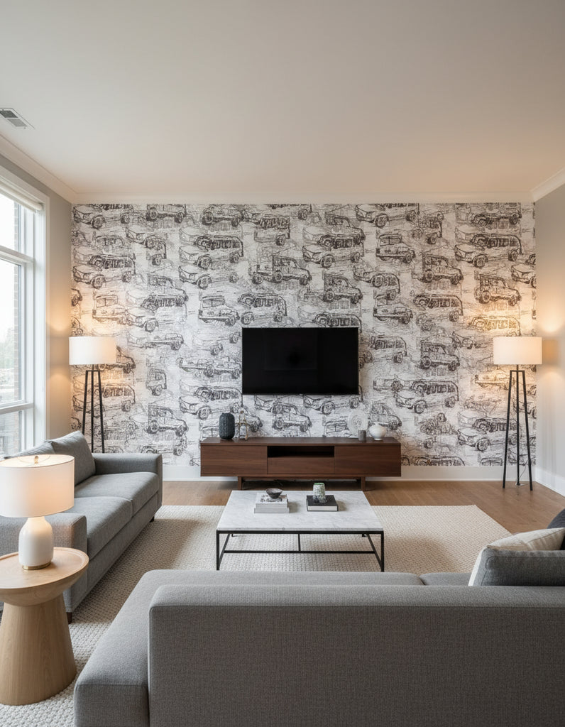 Route 66 Car Wallcovering - Living Room Visualization (AI-generated, may not be to scale. Verify pattern scale with product specifications.)