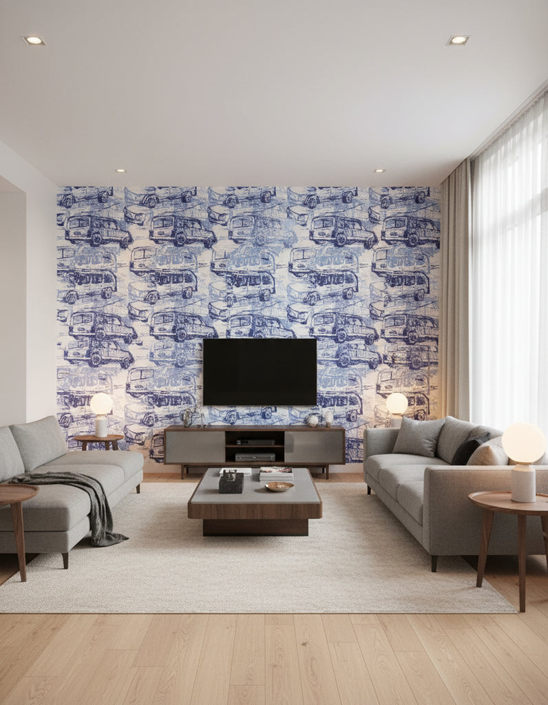 Route 66 Car Wallcovering - Living Room Visualization (AI-generated, may not be to scale. Verify pattern scale with product specifications.)
