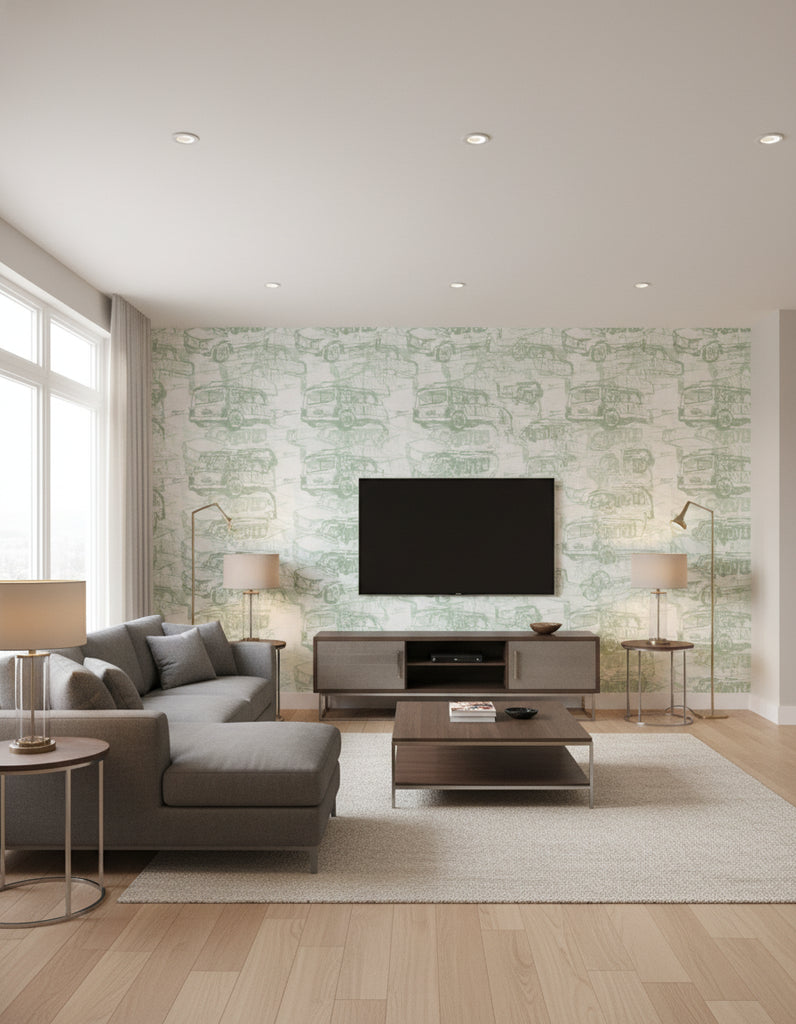 Route 66 Car Wallcovering - Living Room Visualization (AI-generated, may not be to scale. Verify pattern scale with product specifications.)