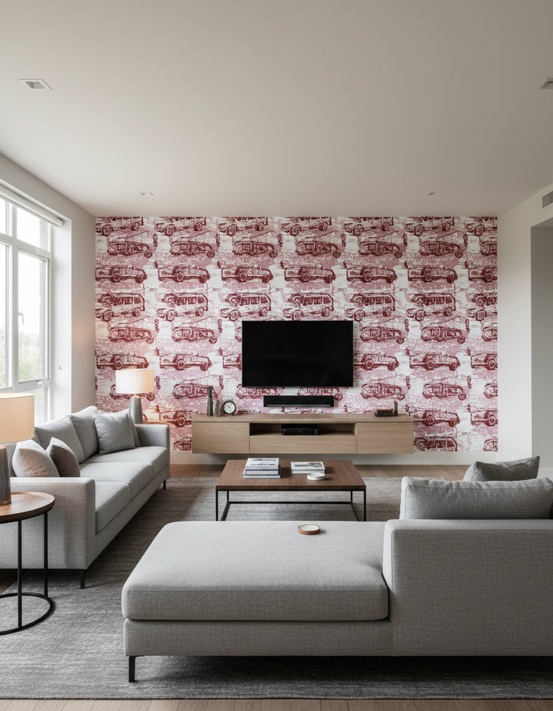 Route 66 Car Wallcovering - Living Room Visualization (AI-generated, may not be to scale. Verify pattern scale with product specifications.)