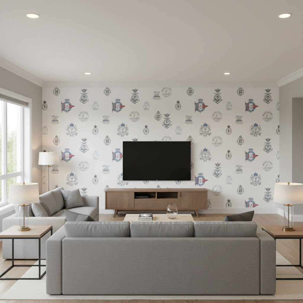 Rowthorne Crest Captain |    Ralph Lauren - Living Room Visualization (AI-generated, may not be to scale. Verify pattern scale with product specifications.)