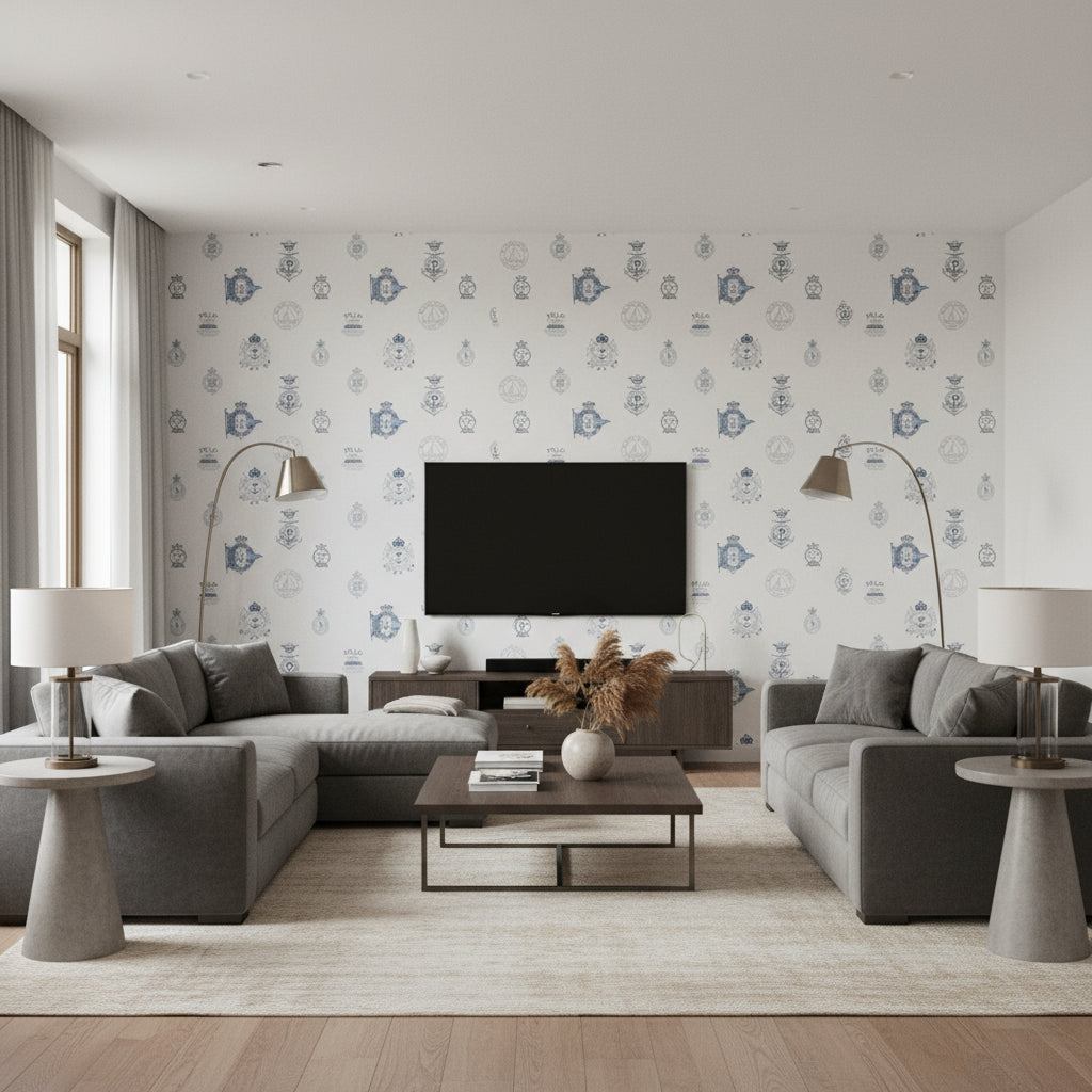 Rowthorne Crest Navy |    Ralph Lauren - Living Room Visualization (AI-generated, may not be to scale. Verify pattern scale with product specifications.)
