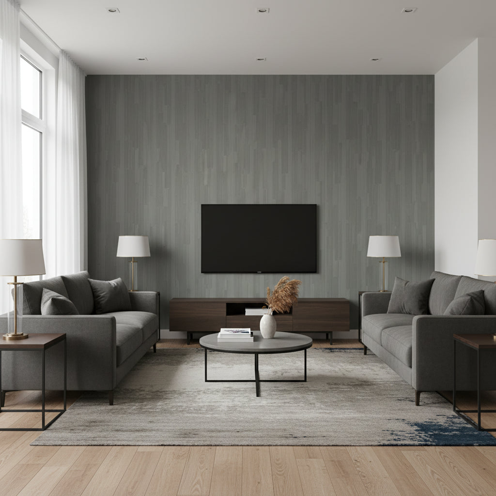 Newel High Performance Wallcovering Rotary | Ralph Lauren - Living Room Visualization (AI-generated, may not be to scale. Verify pattern scale with product specifications.)