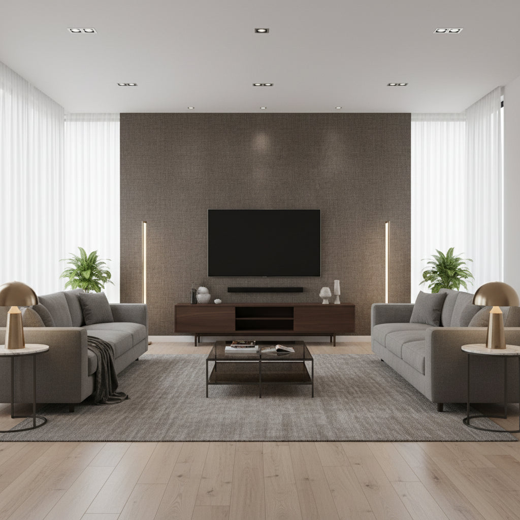 Rugged Linen High Performance Wallcovering Tudor | Ralph Lauren - Living Room Visualization (AI-generated, may not be to scale. Verify pattern scale with product specifications.)