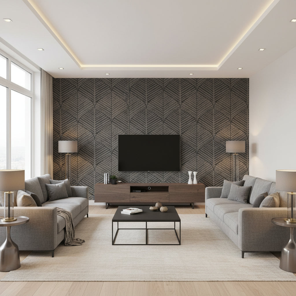 Universal Nature High Performance Wallcovering Shadow | Ralph Lauren - Living Room Visualization (AI-generated, may not be to scale. Verify pattern scale with product specifications.)
