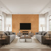 Rune Pinstripe Wallcovering | Schumacher - Living Room Visualization (AI-generated, may not be to scale. Verify pattern scale with product specifications.)