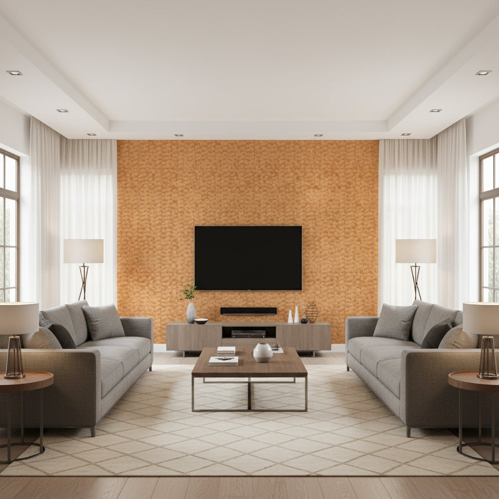 Rune Pinstripe Wallcovering | Schumacher - Living Room Visualization (AI-generated, may not be to scale. Verify pattern scale with product specifications.)