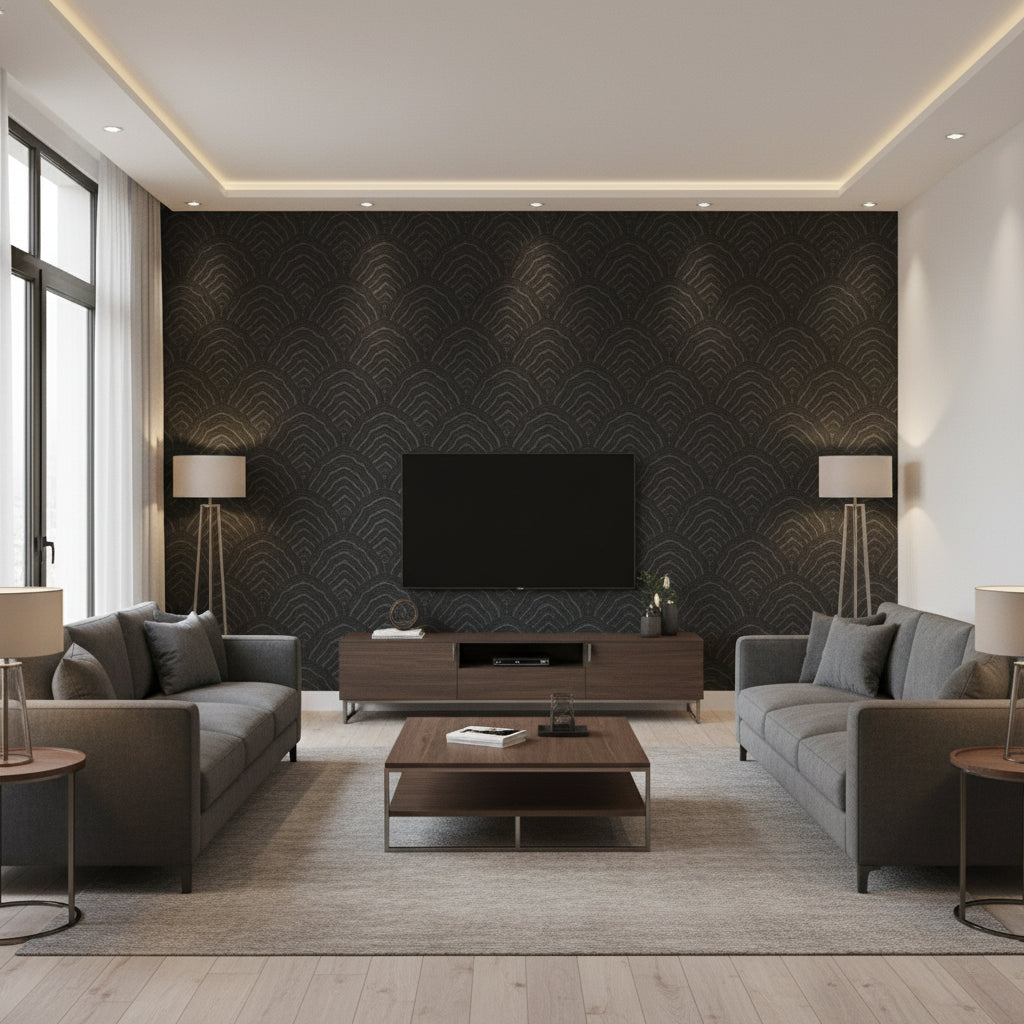 Sado Contemporary Scallop | Architectural Wallcoverings - Living Room Visualization (AI-generated, may not be to scale. Verify pattern scale with product specifications.)