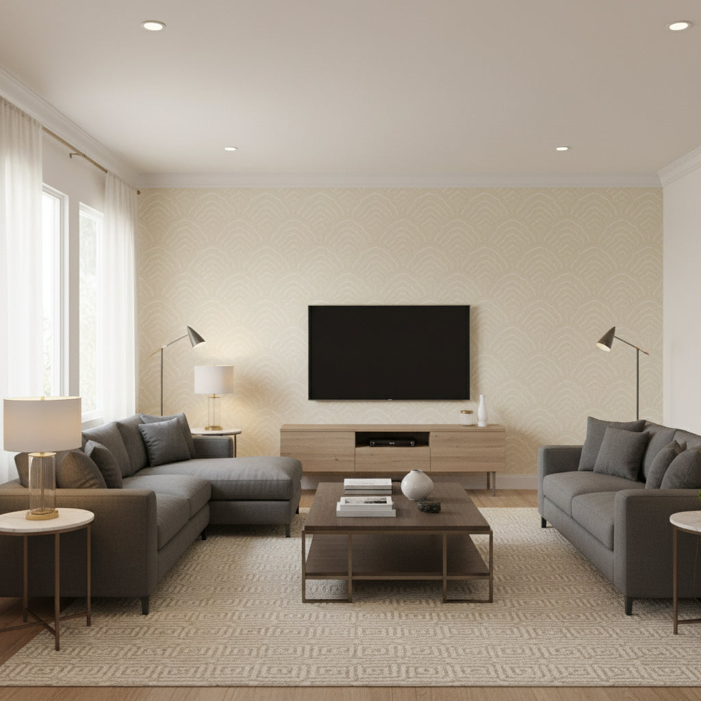Sado Contemporary Scallop | Architectural Wallcoverings - Living Room Visualization (AI-generated, may not be to scale. Verify pattern scale with product specifications.)