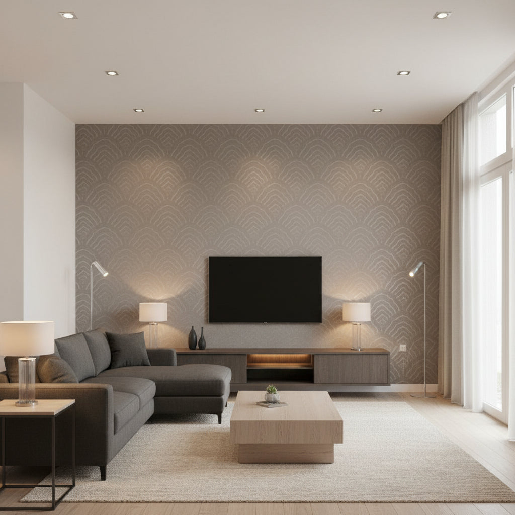 Sado Contemporary Scallop | Architectural Wallcoverings - Living Room Visualization (AI-generated, may not be to scale. Verify pattern scale with product specifications.)