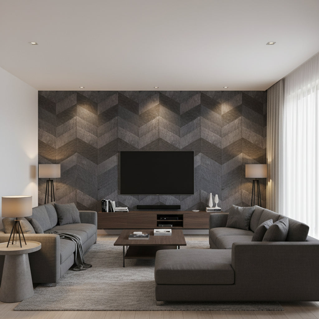 Santa Fe Bleu Des Steppes | Elitis - Living Room Visualization (AI-generated, may not be to scale. Verify pattern scale with product specifications.)