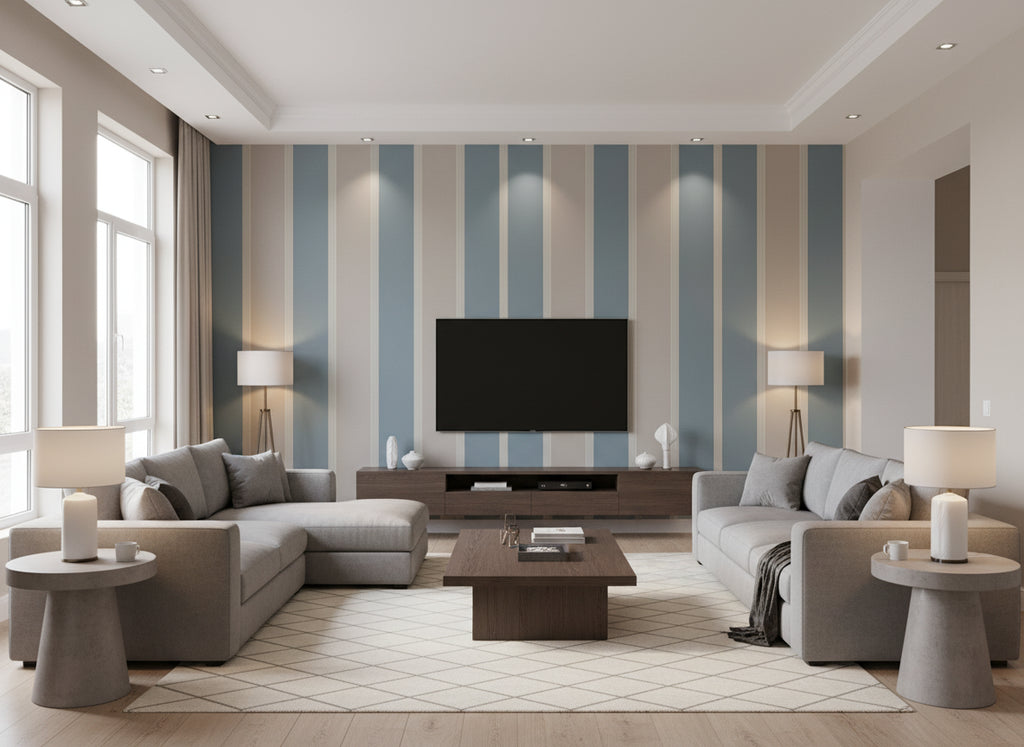 Scalamanca Stripe - Living Room Visualization (AI-generated, may not be to scale. Verify pattern scale with product specifications.)