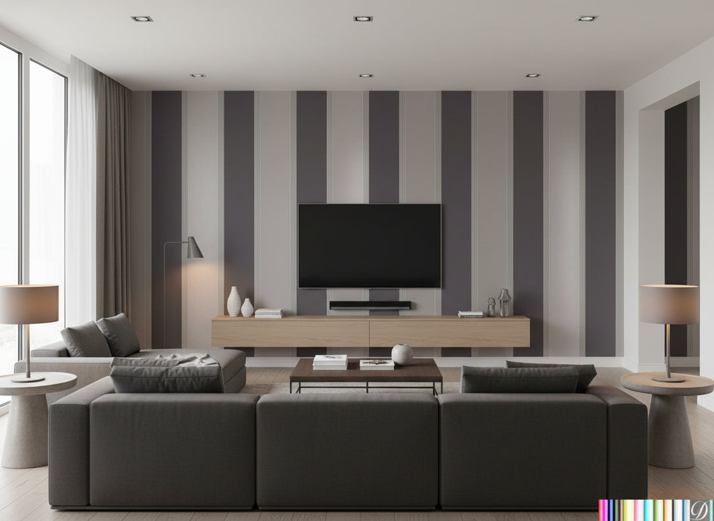 Scalamanca Stripe - Living Room Visualization (AI-generated, may not be to scale. Verify pattern scale with product specifications.)