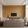 Valencay Damask Camel | Schumacher Wallpaper - Living Room Visualization (AI-generated, may not be to scale. Verify pattern scale with product specifications.)