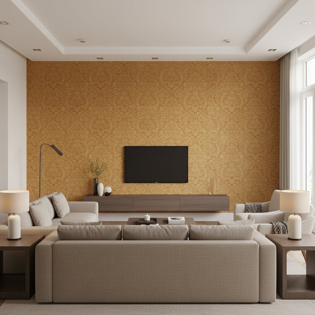 Valencay Damask Camel | Schumacher Wallpaper - Living Room Visualization (AI-generated, may not be to scale. Verify pattern scale with product specifications.)