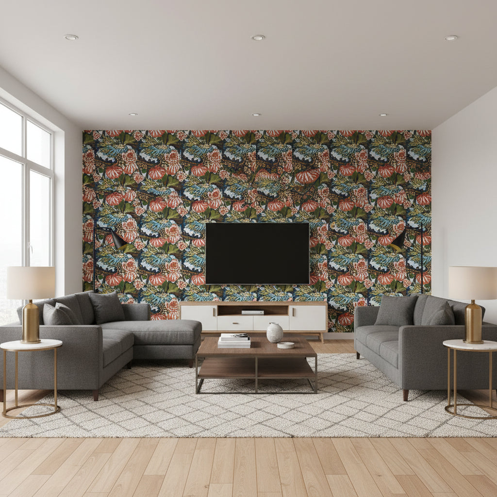 Chiang Mai Dragon Aquamarine | Schumacher Wallcovering - Living Room Visualization (AI-generated, may not be to scale. Verify pattern scale with product specifications.)