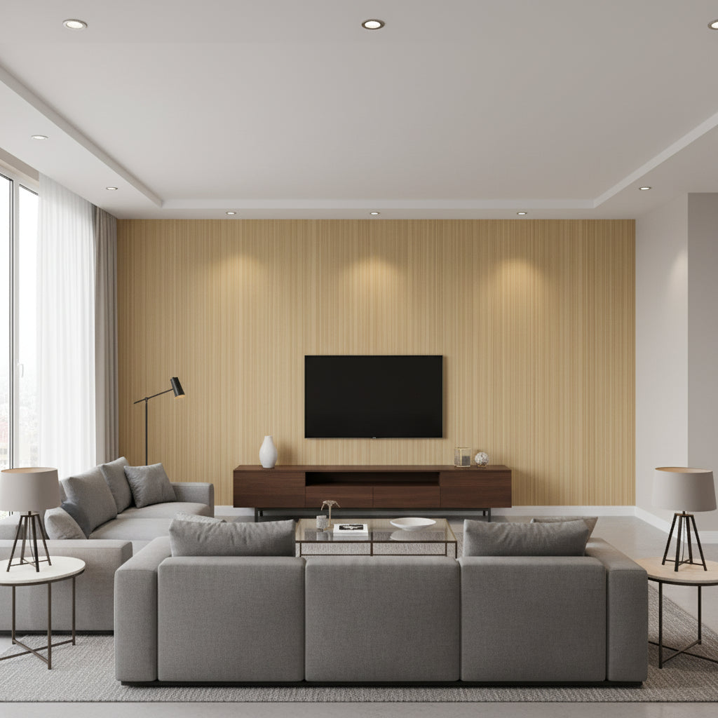 Sanford Strie Camel | Schumacher Wallcovering - Living Room Visualization (AI-generated, may not be to scale. Verify pattern scale with product specifications.)
