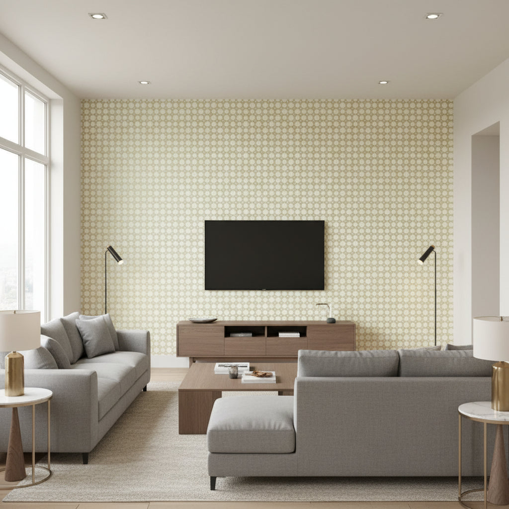 Shake It Up Frosted Metallic | Schumacher Wallcovering - Living Room Visualization (AI-generated, may not be to scale. Verify pattern scale with product specifications.)
