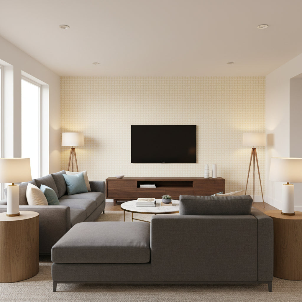 Shake It Up Natural | Schumacher Wallcovering - Living Room Visualization (AI-generated, may not be to scale. Verify pattern scale with product specifications.)