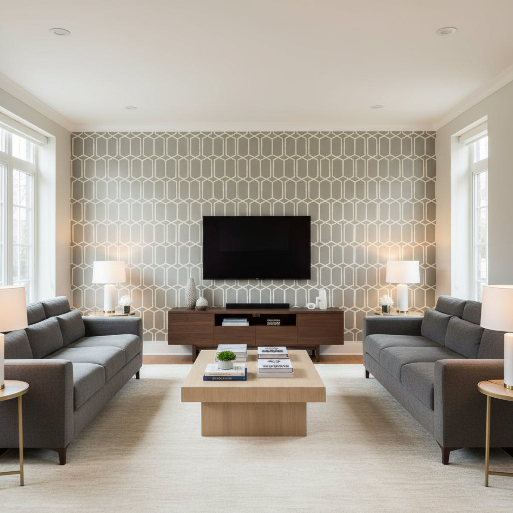 Modern Trellis Silver | Schumacher Wallcovering - Living Room Visualization (AI-generated, may not be to scale. Verify pattern scale with product specifications.)