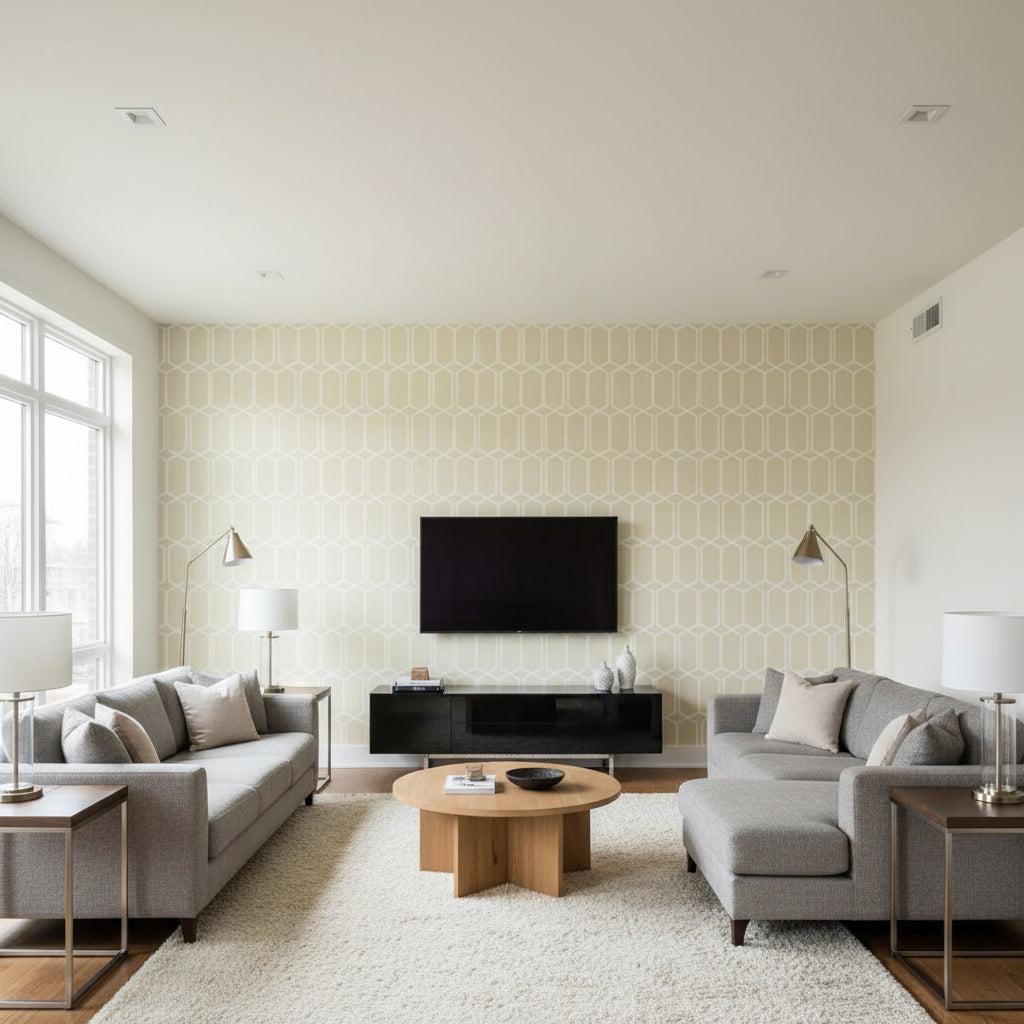 Modern Trellis Alabaster | Schumacher Wallcovering - Living Room Visualization (AI-generated, may not be to scale. Verify pattern scale with product specifications.)