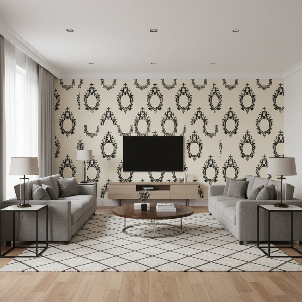 Go Baroque Noir & Blanc | Schumacher Wallcovering - Living Room Visualization (AI-generated, may not be to scale. Verify pattern scale with product specifications.)