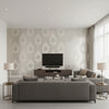 Go Baroque Mirror | Schumacher Wallcovering - Living Room Visualization (AI-generated, may not be to scale. Verify pattern scale with product specifications.)
