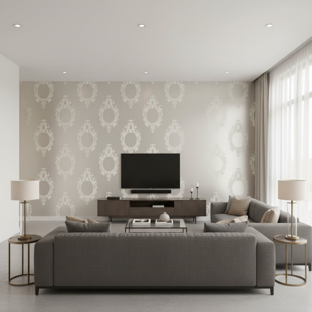 Go Baroque Mirror | Schumacher Wallcovering - Living Room Visualization (AI-generated, may not be to scale. Verify pattern scale with product specifications.)