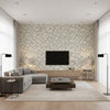 Zimba Silver | Schumacher Wallcovering - Living Room Visualization (AI-generated, may not be to scale. Verify pattern scale with product specifications.)