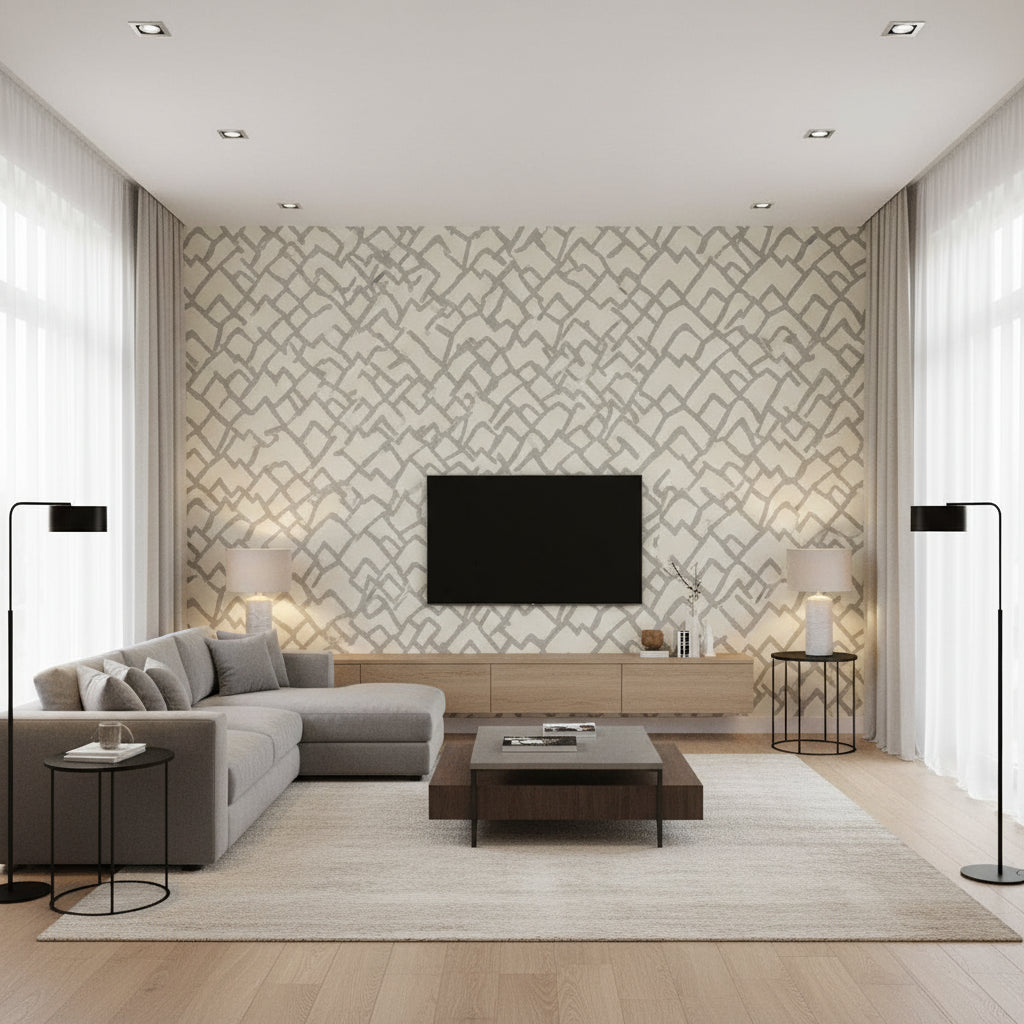 Zimba Silver | Schumacher Wallcovering - Living Room Visualization (AI-generated, may not be to scale. Verify pattern scale with product specifications.)