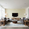 Zimba Soft Chartreuse | Schumacher Wallcovering - Living Room Visualization (AI-generated, may not be to scale. Verify pattern scale with product specifications.)