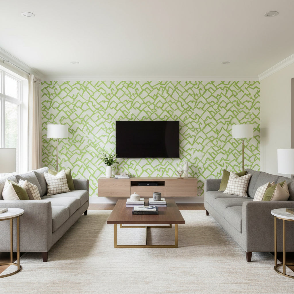 Zimba Lawn | Schumacher Wallcovering - Living Room Visualization (AI-generated, may not be to scale. Verify pattern scale with product specifications.)