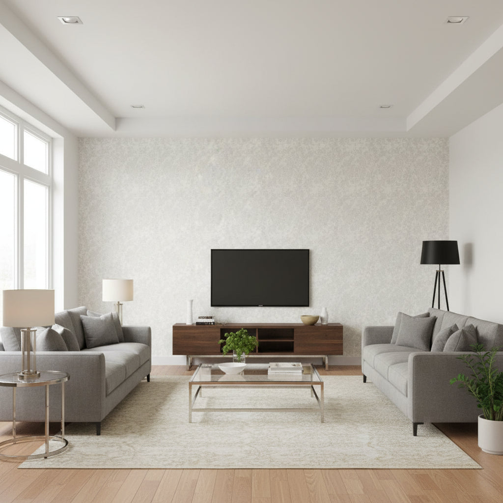 Lace Cirrus | Schumacher Wallcovering - Living Room Visualization (AI-generated, may not be to scale. Verify pattern scale with product specifications.)