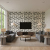 Moonpennies Black & Ivory | Schumacher Wallcovering - Living Room Visualization (AI-generated, may not be to scale. Verify pattern scale with product specifications.)
