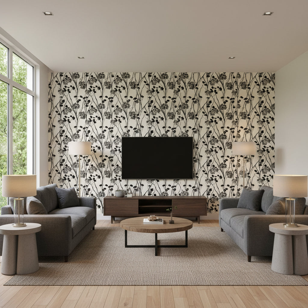 Moonpennies Black & Ivory | Schumacher Wallcovering - Living Room Visualization (AI-generated, may not be to scale. Verify pattern scale with product specifications.)
