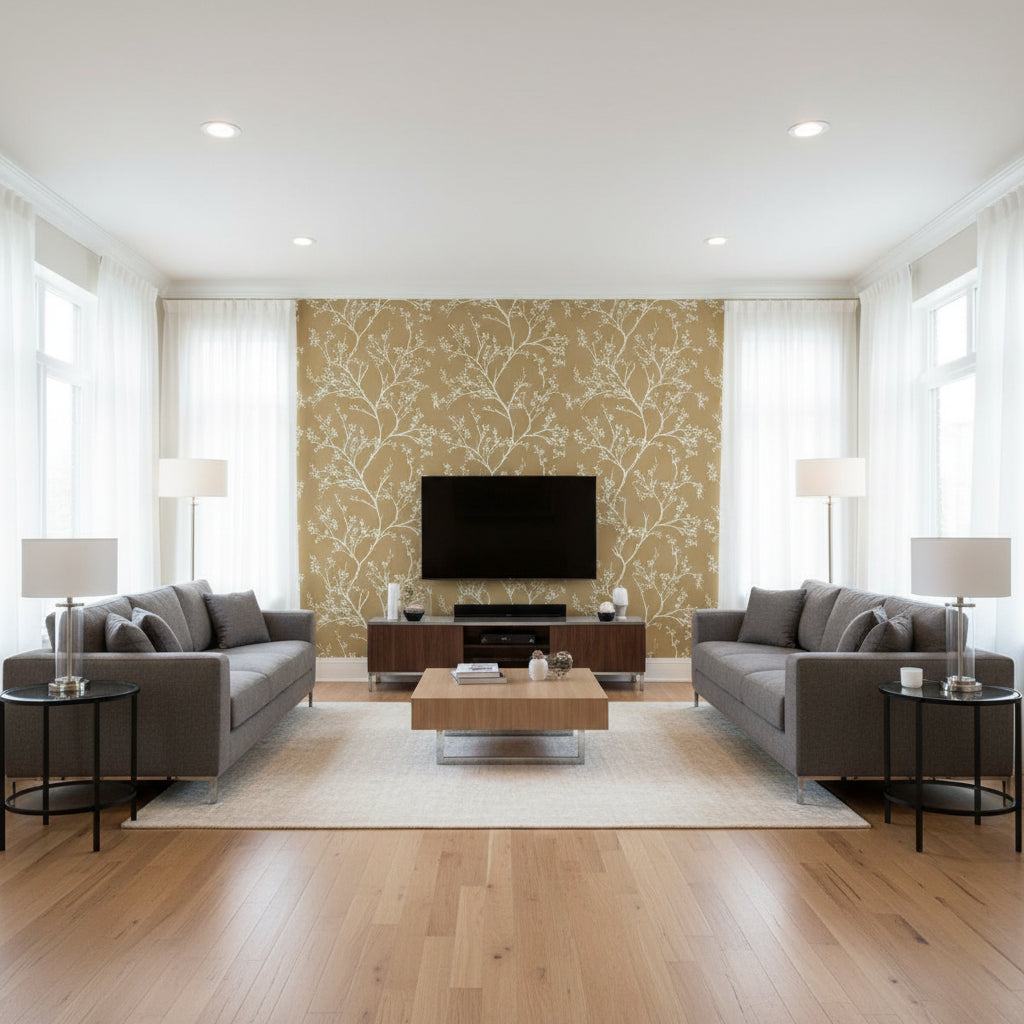 Twiggy Champagne | Schumacher Wallcovering - Living Room Visualization (AI-generated, may not be to scale. Verify pattern scale with product specifications.)