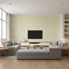 Twiggy Soft Chartreuse | Schumacher Wallcovering - Living Room Visualization (AI-generated, may not be to scale. Verify pattern scale with product specifications.)