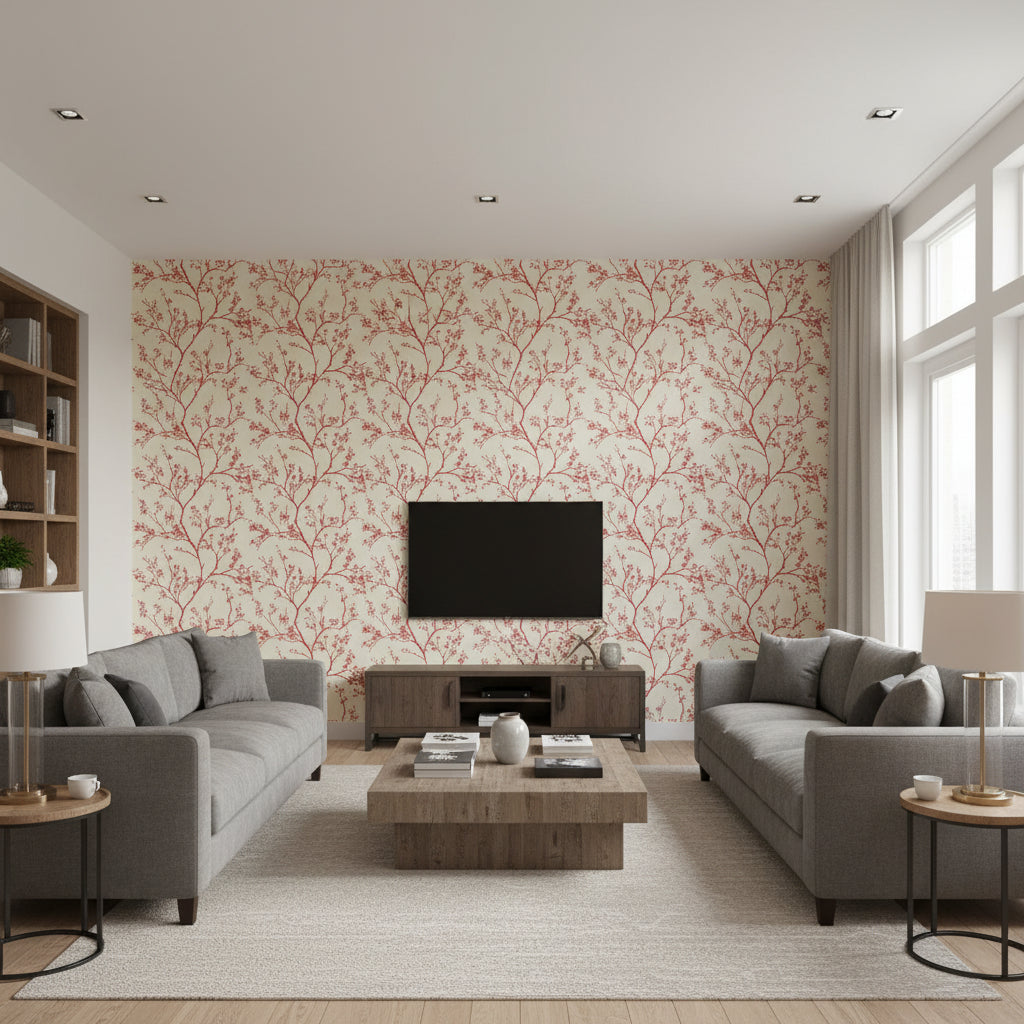 Twiggy Raspberry | Schumacher Wallcovering - Living Room Visualization (AI-generated, may not be to scale. Verify pattern scale with product specifications.)