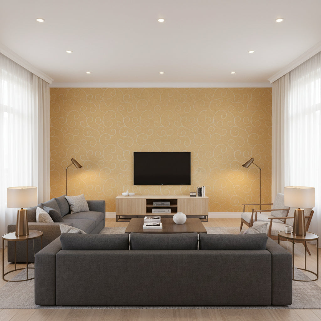 Adhafera Scroll Straw | Schumacher Wallcovering - Living Room Visualization (AI-generated, may not be to scale. Verify pattern scale with product specifications.)