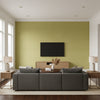 Linyi Embroidered Fret Sisal Celery | Schumacher Wallcovering - Living Room Visualization (AI-generated, may not be to scale. Verify pattern scale with product specifications.)