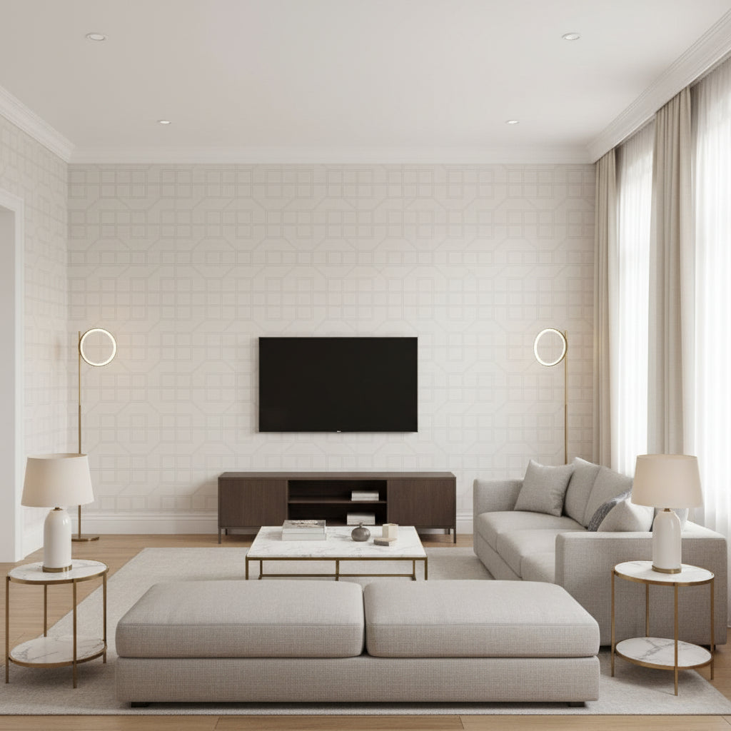 Linyi Embroidered Fret Sisal Natural Shimmer | Schumacher Wallcovering - Living Room Visualization (AI-generated, may not be to scale. Verify pattern scale with product specifications.)