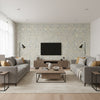 Aldwyn Damask Robin's Egg | Schumacher Wallcovering - Living Room Visualization (AI-generated, may not be to scale. Verify pattern scale with product specifications.)