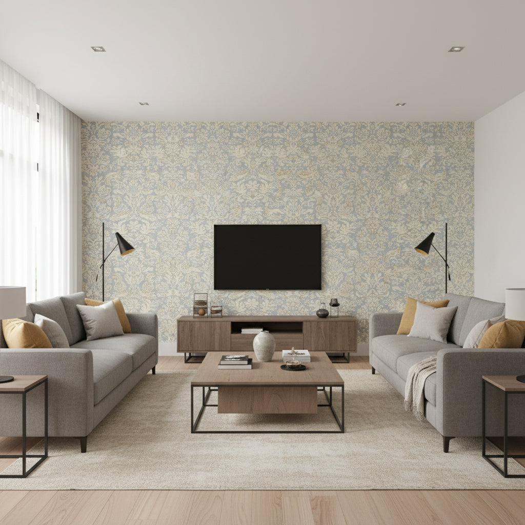 Aldwyn Damask Robin's Egg | Schumacher Wallcovering - Living Room Visualization (AI-generated, may not be to scale. Verify pattern scale with product specifications.)