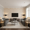 Albero Floreale Damask Petal | Schumacher Wallcovering - Living Room Visualization (AI-generated, may not be to scale. Verify pattern scale with product specifications.)