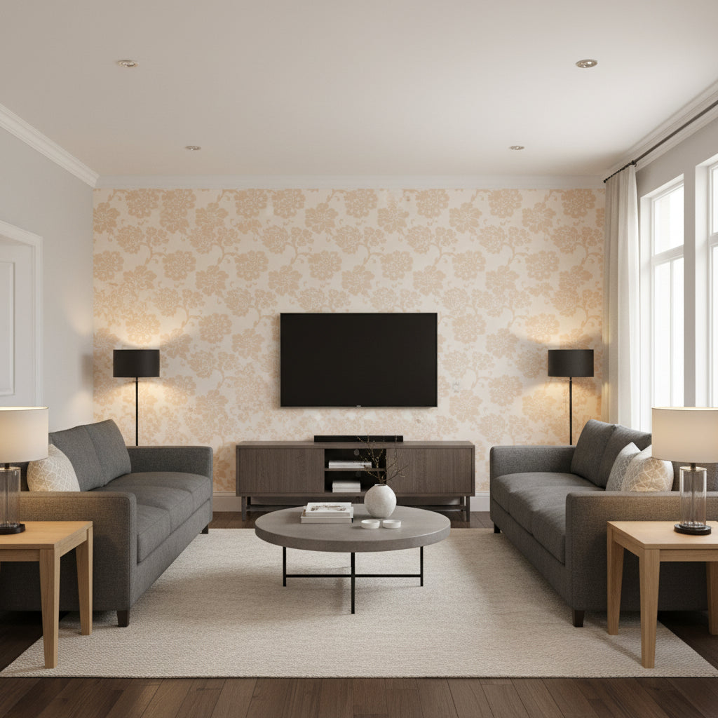 Albero Floreale Damask Petal | Schumacher Wallcovering - Living Room Visualization (AI-generated, may not be to scale. Verify pattern scale with product specifications.)